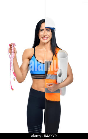 Sporty woman in two occupations of fitness trainer and architect isolated on white background. Architect wearing helmet and orange vest, holding building plan and fitness coach holding measuring tape. Stock Photo