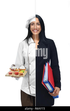 Bright woman in two occupations of confectioner and businesswoman isolated on white background. Confectioner in uniform holding desserts on tray and accountant with document folders in hand. Stock Photo