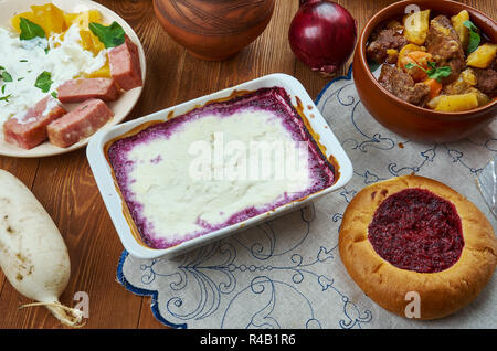 Kalvdans,  classical Scandinavian dessert, Finnish cuisine, Traditional assorted dishes, Top view. Stock Photo