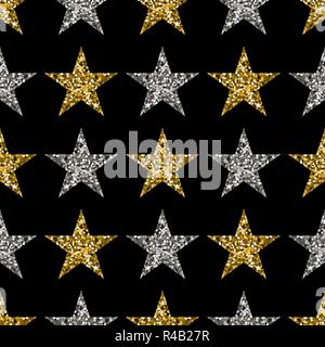Gold and silver stars on black background. Seamless pattern. Vector illustration. The texture of glitter. Stock Vector