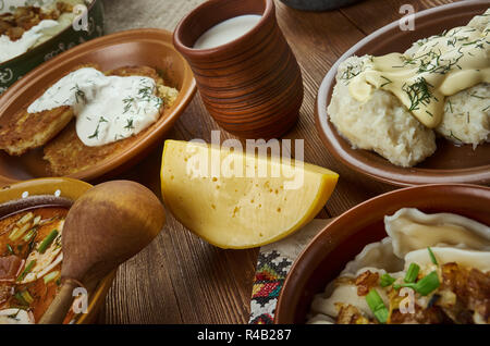 cheeses, Lithuanian  cuisine, Baltic Traditional assorted dishes, Top view. Stock Photo