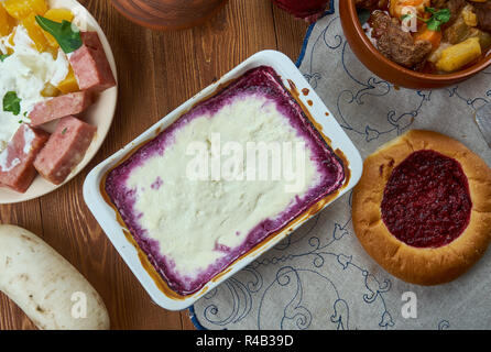 Kalvdans,  classical Scandinavian dessert, Finnish cuisine, Traditional assorted dishes, Top view. Stock Photo