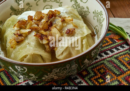 Balandeliai, Lithuanian  cuisine, Baltic Traditional assorted dishes, Top view. Stock Photo