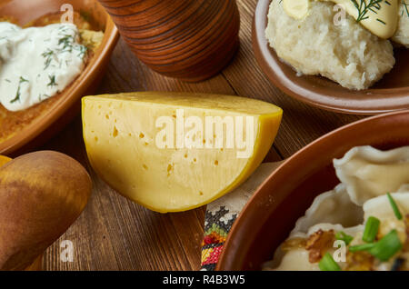 cheeses, Lithuanian  cuisine, Baltic Traditional assorted dishes, Top view. Stock Photo