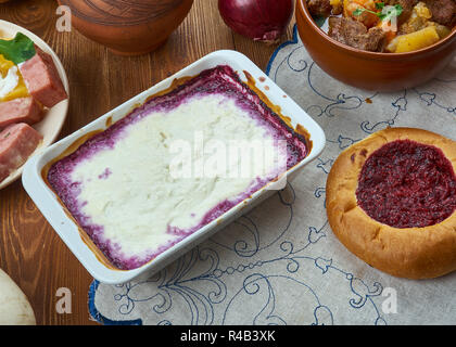 Kalvdans,  classical Scandinavian dessert, Finnish cuisine, Traditional assorted dishes, Top view. Stock Photo