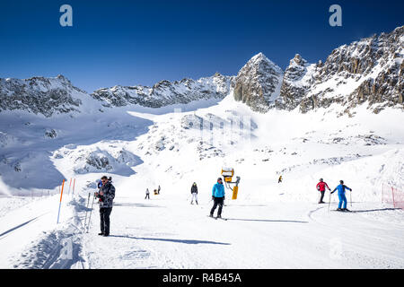 TONALE, ITALY - Jan 20, 2018 - Stunning winter panorama in Tonale ski resort. View of Italian Alps from Adamelo Glacier, Italia, Europe. Stock Photo