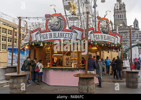 Pigs in Blankets outlet in George Square Glasgow Christmas Market Glasgow Scotland UK Stock Photo