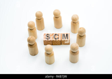 Wooden figures as business team in circle around acronym SCM Supply Chain Management, isolated on white background, minimalist concept Stock Photo