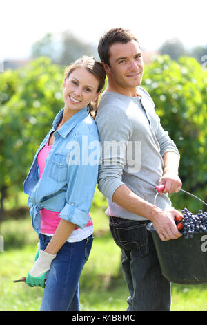 Cheerful winegrowers standing in vine rows Stock Photo