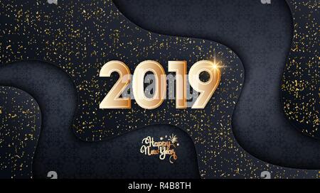Happy New Year 2019 abstract template. Vector illustration of wavy paper cut background with grunge golden dust overlay texture and holiday pattern Stock Vector
