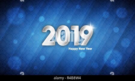 Happy New Year 2019 abstract template. Vector illustration of silver text with holiday snowflakes pattern over light blue background for your  design Stock Vector