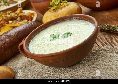 Leek and Potato Soup, Scottish cuisine, Traditional assorted dishes, Top view. Stock Photo