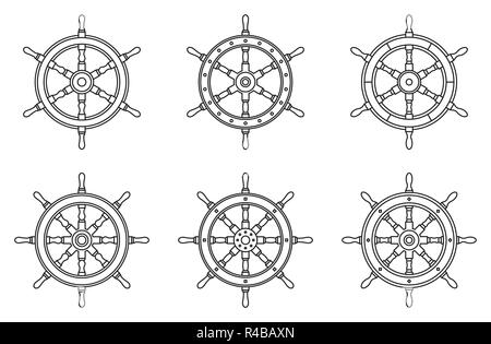 Ship steering wheel icon set. Vector thin line Stock Vector