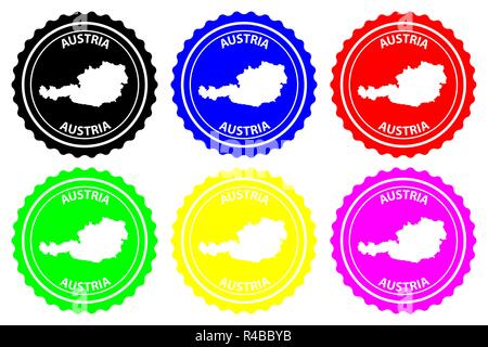 Austria - rubber stamp - vector, Austria map pattern - sticker - black, blue, green, yellow, purple and red Stock Vector