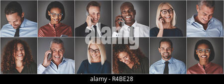 Collage of an ethnically diverse group of businessmen and businesswomen smiling confidently or talking on their cellphones Stock Photo