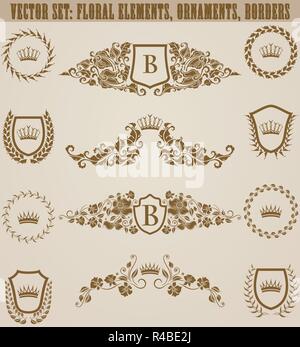 Set of golden monograms with floral elements for page, web design. Filigree royal shields, old frames, borders in vintage style for label, emblem, bad Stock Vector