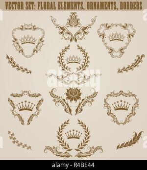 Set of golden monograms with floral elements for page, web design. Filigree royal shields, old frames, borders in vintage style for label, emblem, bad Stock Vector