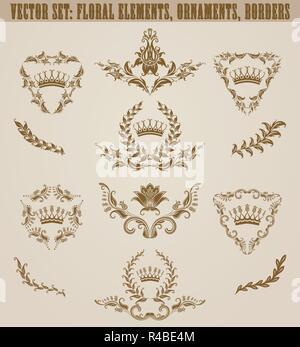 Set of golden monograms with floral elements for page, web design. Filigree royal shields, old frames, borders in vintage style for label, emblem, bad Stock Vector