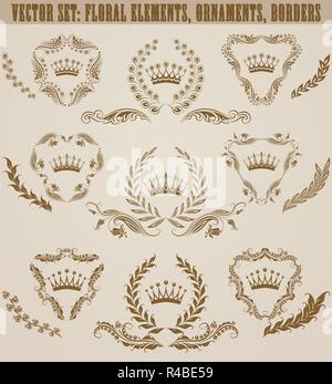 Set of golden monograms with floral elements for page, web design. Filigree royal shields, old frames, borders in vintage style for label, emblem, bad Stock Vector