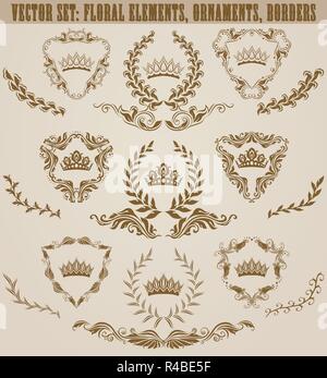 Set of golden monograms with floral elements for page, web design. Filigree royal shields, old frames, borders in vintage style for label, emblem, bad Stock Vector