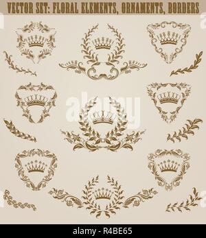 Set of golden monograms with floral elements for page, web design. Filigree royal shields, old frames, borders in vintage style for label, emblem, bad Stock Vector