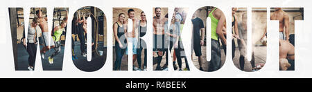 Collage of a smiling group of fit young people in sportswear exercising together in a gym with an overlay of the word workout Stock Photo