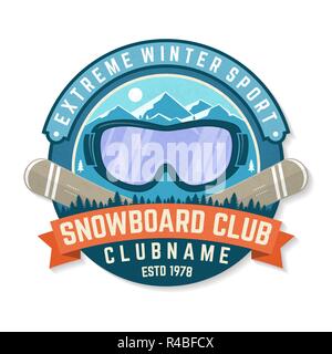 Snowboard Club patch. Vector illustration. Concept for shirt , print, stamp, patch or tee. Vintage typography design with mountains and snowboard goggles silhouette. Extreme winter sport. Stock Vector