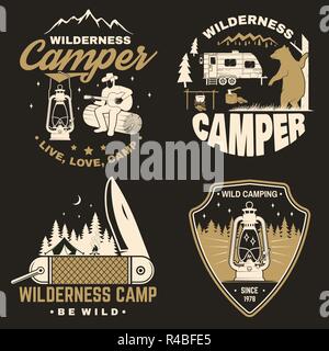 Set of Happy camper outdoor adventure symbol. Vector. Concept for shirt or logo, print, stamp or tee. Vintage design with lantern, camping tent, campfire, bear, man with guitar and forest silhouette. Stock Vector