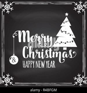 Merry Christmas and Happy New Year retro template with Christmas tree silhouette. Vector illustration on the chalkboard. Xmas design for congratulation cards, invitations, banners and flyers. Stock Vector