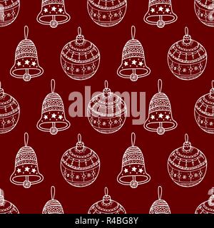 Vector seamless pattern of white Christmas decorative symbol - Christmas bell, tree ball toy on red background.  Christmas hand drawn background Stock Vector