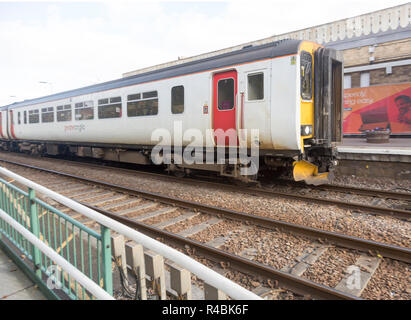 Railway station, Saxmundham, Suffolk, England, UK British Rail Class 156 Super Sprinter diesel multiple unit Greater Anglia train Stock Photo