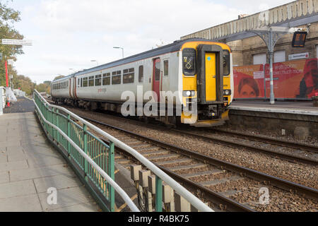 Railway station, Saxmundham, Suffolk, England, UK British Rail Class 156 Super Sprinter diesel multiple unit  Greater Anglia train Stock Photo