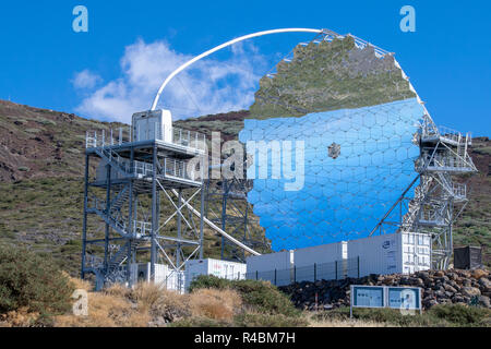 LST-1 with landscape reflected in mirrors. Observatory at Roque de los Stock Photo