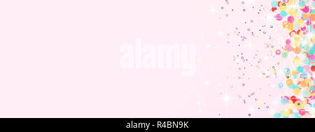 Festive shiny pink background with colorful confetti and sparkles. Holiday and Christmas banner. Stock Photo