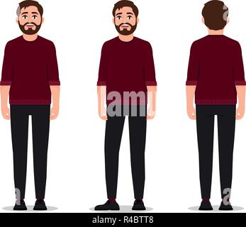 A man with a beard and dressed in a red sweater, standing in various poses vector illustration on a white background Stock Vector