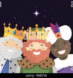 Happy three kings smiling in the night. Vector illustration Stock Vector