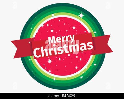 Merry christmas banner. Round sticker and ribbon on white background. Vector illustration Stock Vector