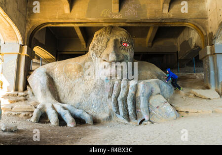 Seattle,Washington,USA.02/17/15 : scene of a big sand troll sculpture under the Aurora bridge. Stock Photo