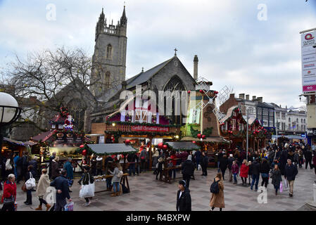 Cardiff Christmas Market 2018. Also known as a German Market selling German sausages such as Bratwurst and mulled wine, there is also a meat carvery Stock Photo