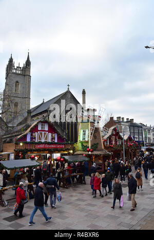 Cardiff Christmas Market 2018. Also known as a German Market selling German sausages such as Bratwurst and mulled wine, there is also a meat carvery Stock Photo