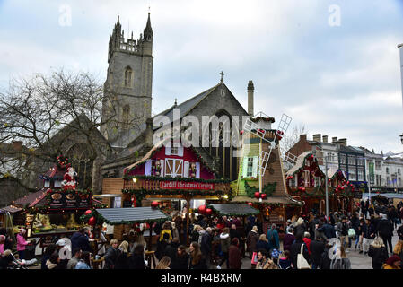 Cardiff Christmas Market 2018. Also known as a German Market selling German sausages such as Bratwurst and mulled wine, there is also a meat carvery Stock Photo