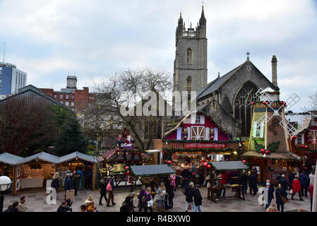 Cardiff Christmas Market 2018. Also known as a German Market selling German sausages such as Bratwurst and mulled wine, there is also a meat carvery Stock Photo