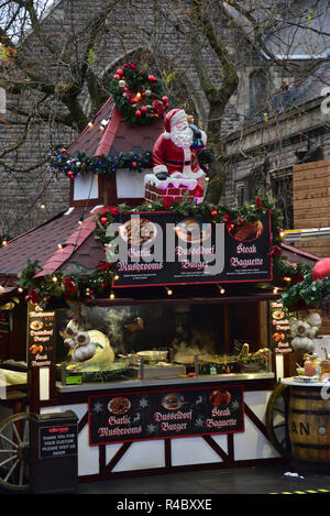 Cardiff Christmas Market 2018. Also known as a German Market selling German sausages such as Bratwurst and mulled wine, there is also a meat carvery Stock Photo