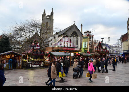 Cardiff Christmas Market 2018. Also known as a German Market selling German sausages such as Bratwurst and mulled wine, there is also a meat carvery Stock Photo