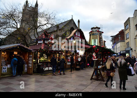 Cardiff Christmas Market 2018. Also known as a German Market selling German sausages such as Bratwurst and mulled wine, there is also a meat carvery Stock Photo