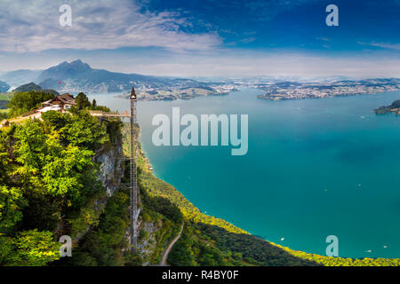 Hammetschwand elevator in Alps near Burgenstock with the view of Swiss Alps and Vierwaldstattersee, Switzerland, Europe, Stock Photo