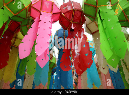 Many of Vivid Color Paper Lantern or Yee Peng Lantern Hanging in the Buddhist Temple, Nan Province, Northern Thailand Stock Photo