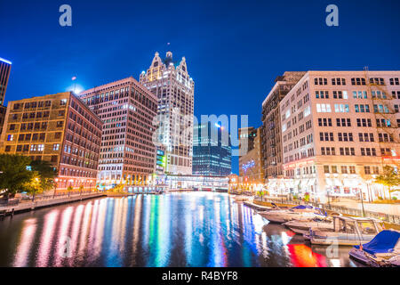 milwaukee downtown with reflection in water at night,milwaukee,wisconsin,usa. Stock Photo