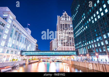 milwaukee downtown with reflection in water at night,milwaukee,wisconsin,usa. Stock Photo