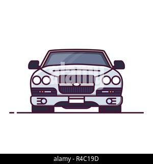 Front view of expensive, luxury car. Line style vector illustration. limousine or rich vehicle banner. Premium car from front. Vintage auto pixel perf Stock Vector